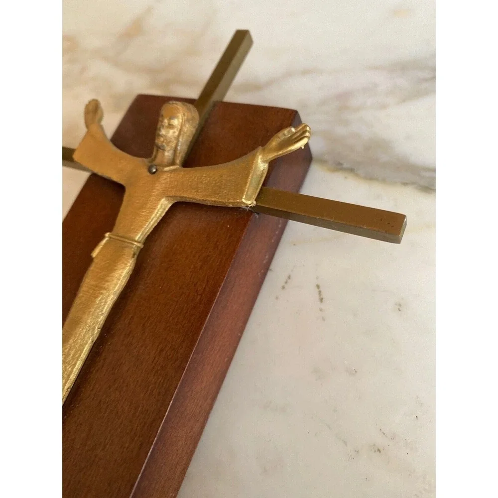 Wall Crucifix Gold Risen Christ Mid Century Modern Wood Plaque 12in